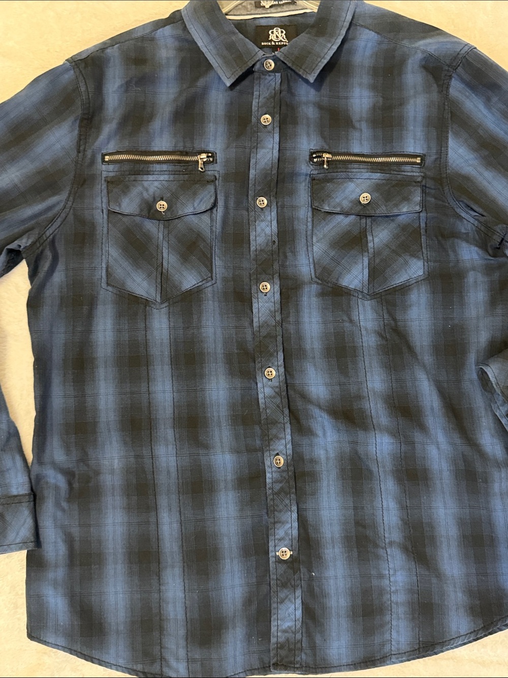 Rock & Republic Blue and Black Plaid Button-Down Shirt